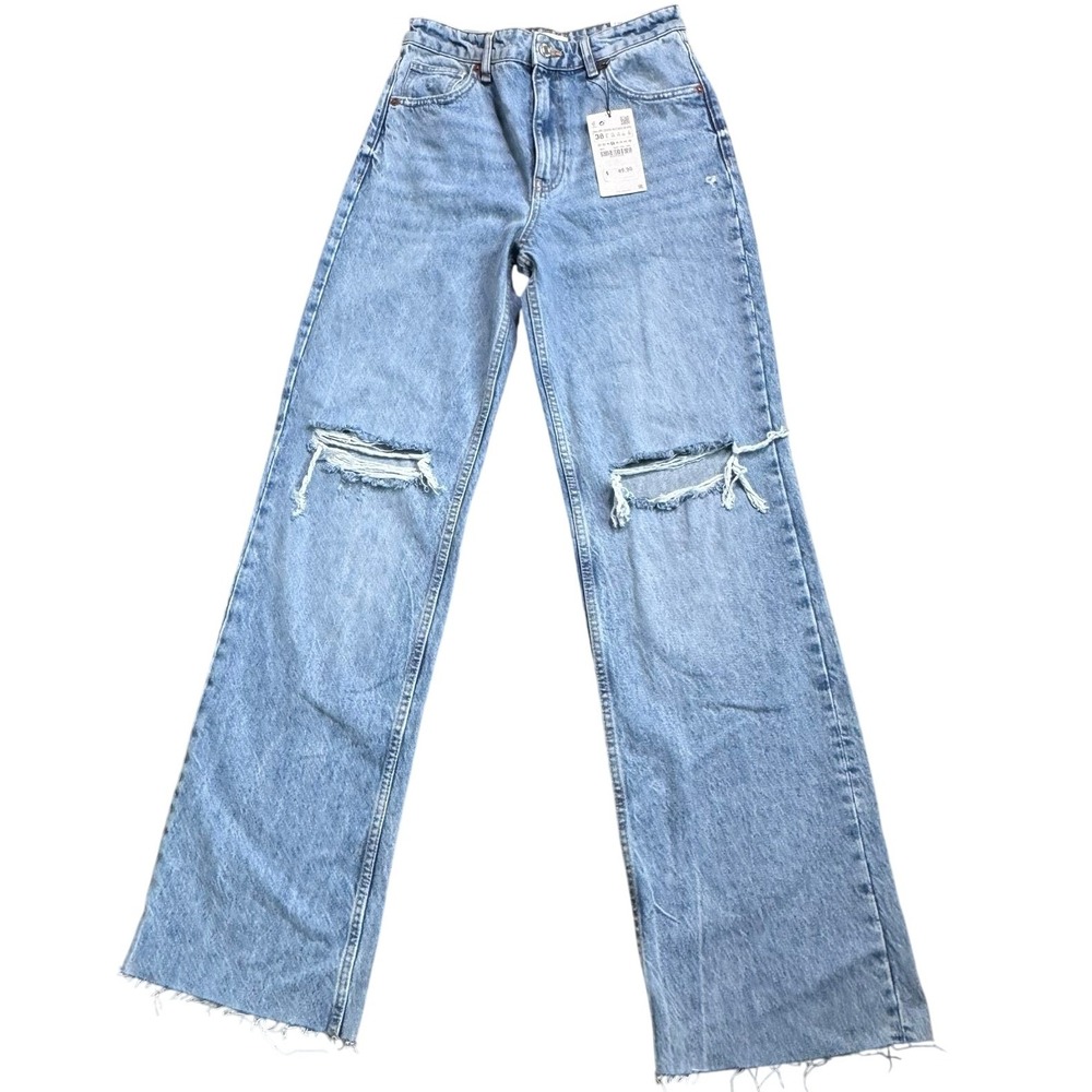 ZARA NWT Women's 6 Hi-Rise Full Length Wide Leg Distressed Blue Jeans Light Wash